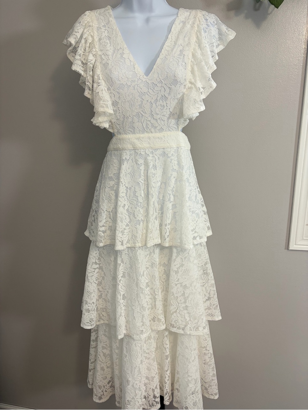 NWOT Aratta Silent Journey Cream Lace Tiered Maxi Dress with Ruffled Sleeves